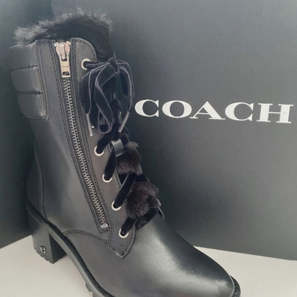 COACH NEW - Velvet Laces & Zip Up Boots Black Geniun Leather Faux Fur. Size 5.5